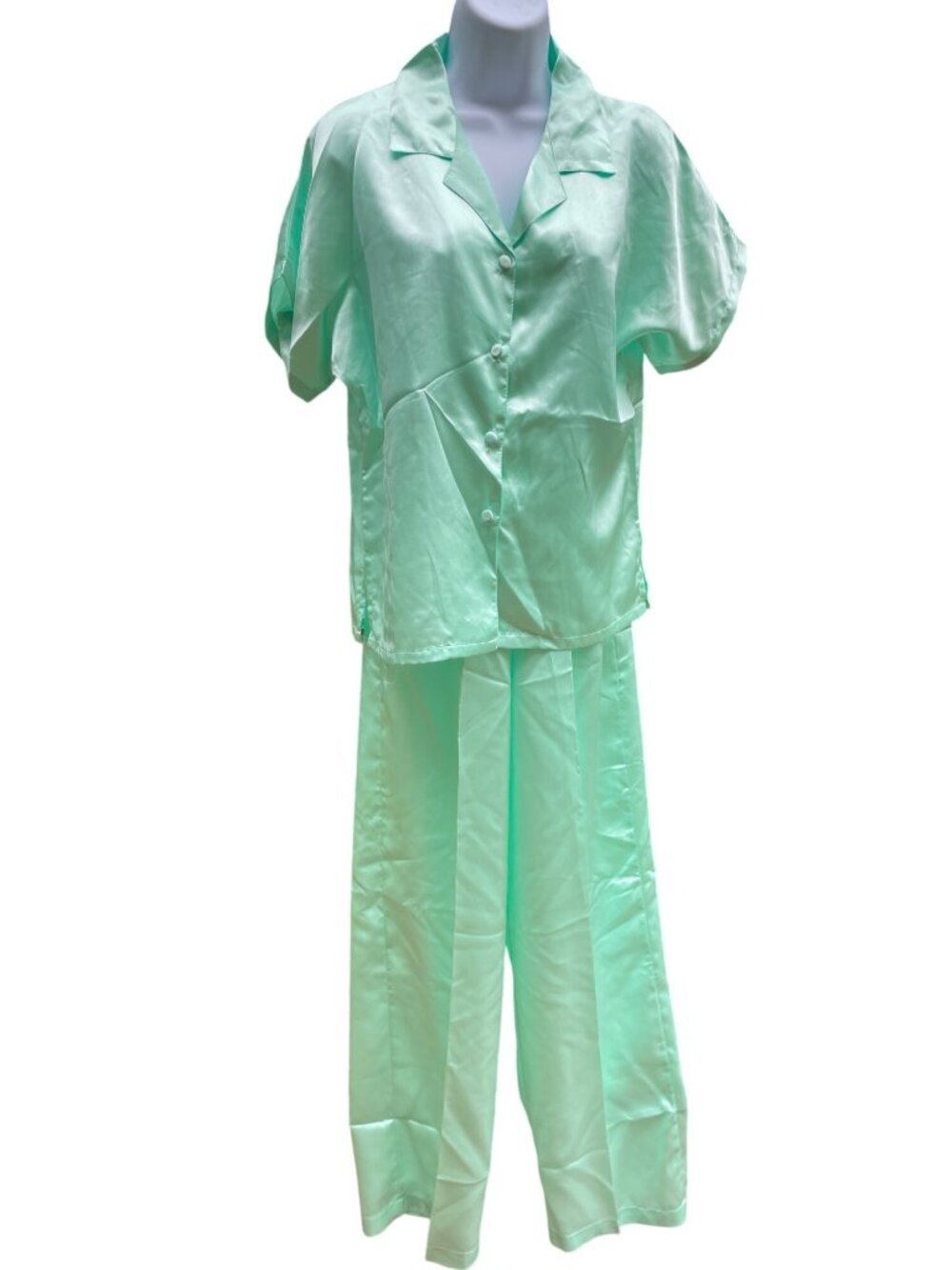 Mint Green Pajama Set Short-Sleeve Top Wide-Leg Pant Medium New Old Stock Women